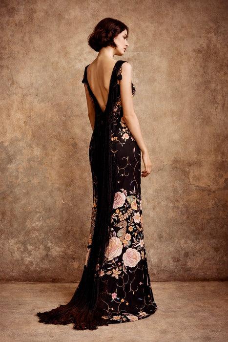 Angel, reworked 30s silk embroidered piano shawl bias cut dress