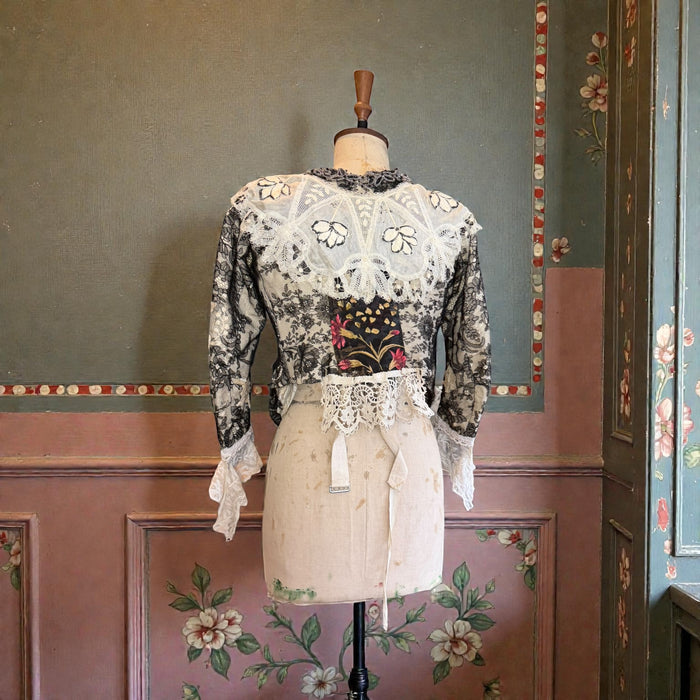 Perry, embellished Victorian lace jacket with hand painted motif