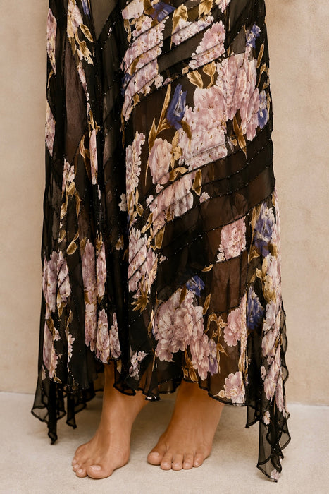 Taylor, 90s beaded bias cut floral print asymmetric dress