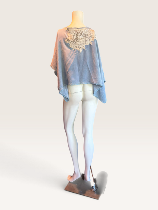 Adina, 30s, hand dyed pale blue silk and lace jacket