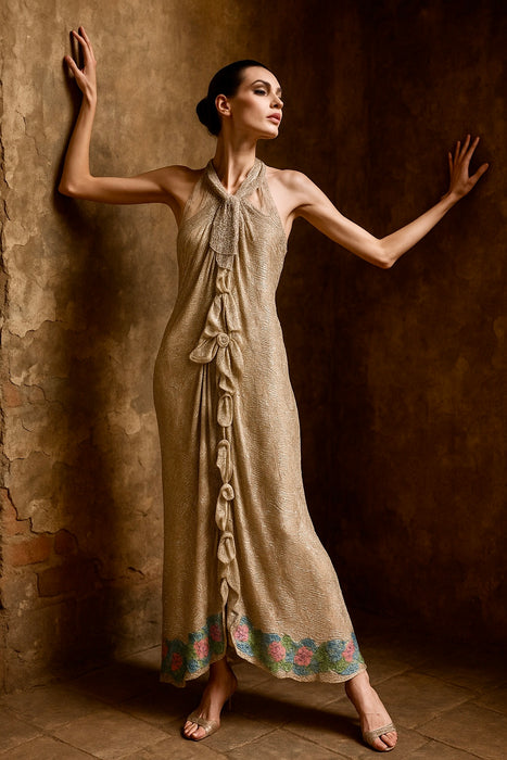 Rebecca, reworked 20s silver beaded lamé halter dress with floral motifs