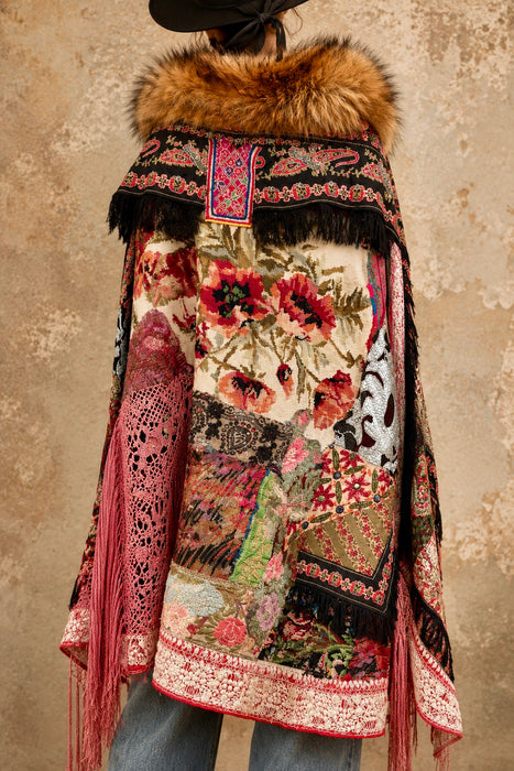 Stacey, reworked 1930, wool embroidered cape with faux fur collar