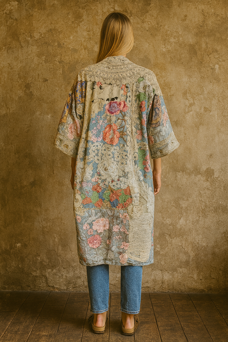 Blaine, reworked patchwork 40s silk embroidered floral kimono