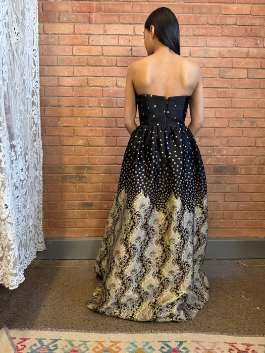 Alice, Y2K silk jacquard black and gold dress
