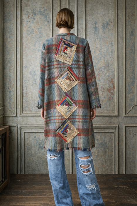 Kitty, reworked 70s blanket coat with Victorian patchwork samplers