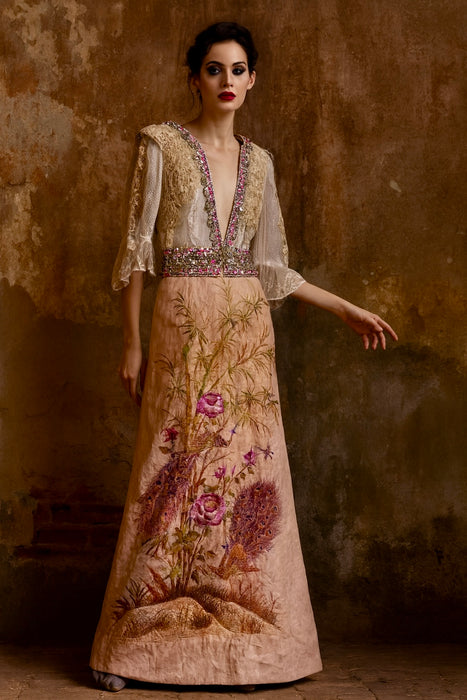 Aurora, reworked 18th C embroidered and lace dress