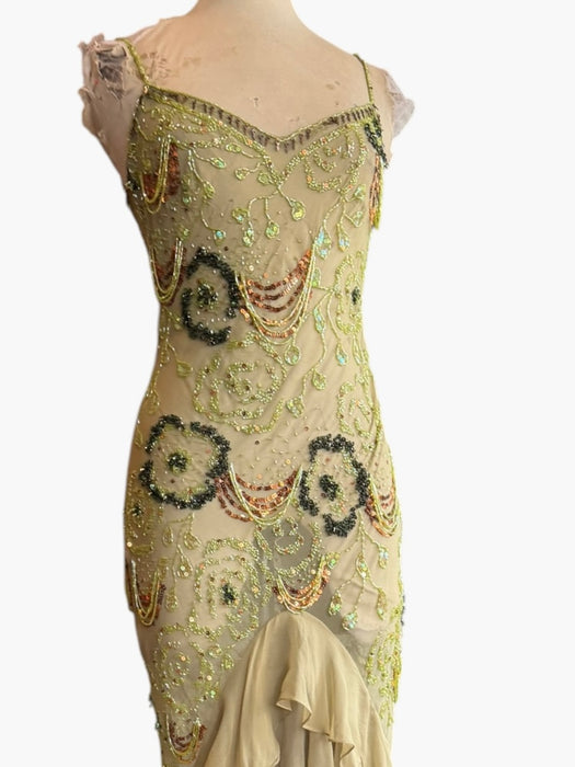 Flora, vintage bias cut beaded dress with ombré frill design