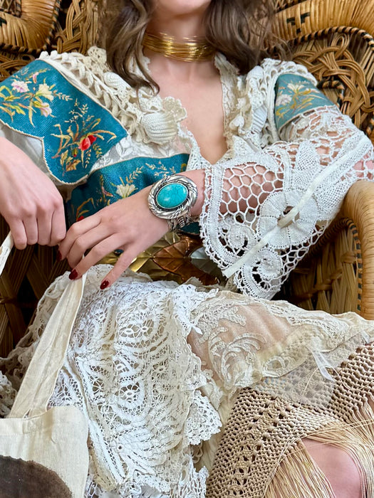 Joyce, reworked antique lace and needlepoint coat