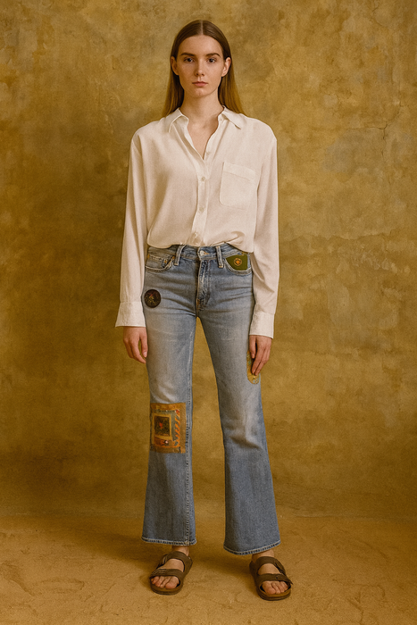 OV Denim, reworked 70s flair jeans with Victoria patches