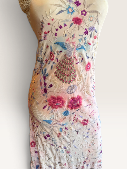 Daria, reworked bias cut cream piano shawl embroidered fringed dress