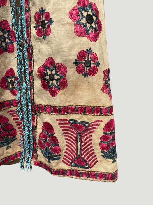 Chapan, early 19th C Uzbek chapan embroidered and beaded robe with couched Edwardian floral embroidery and turquoise buckle