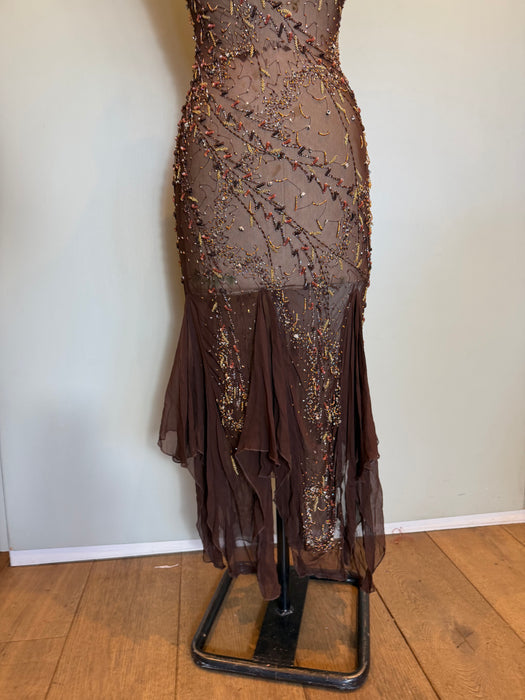 Tory, 90s beaded brown bias cut chiffon handkerchief dress