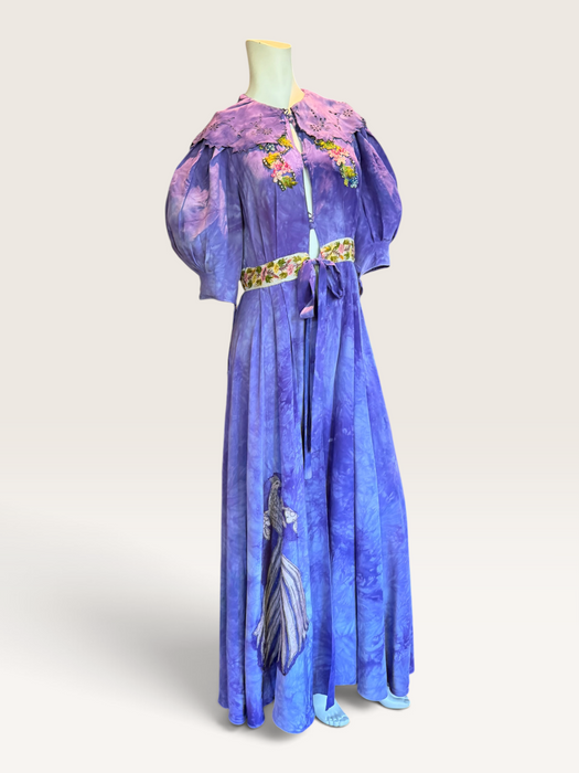Hyacinth, 30s hand dyed silk robe with Edwardian ribbon florals