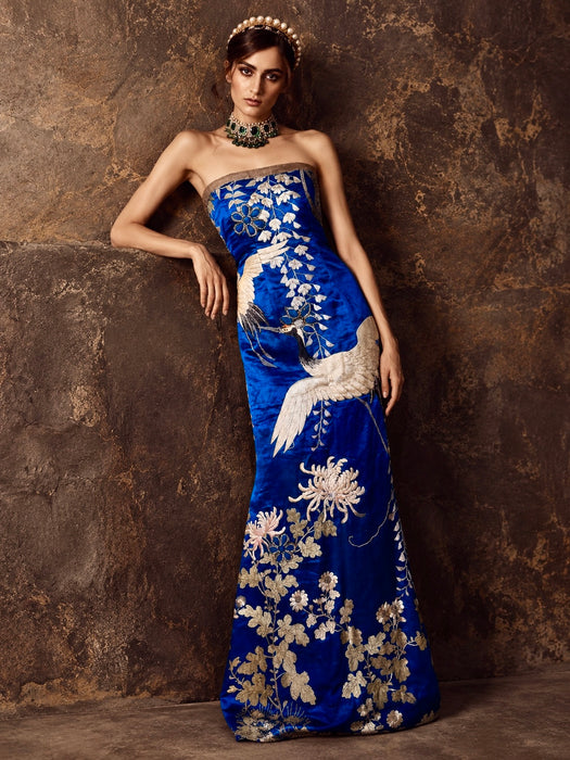 Raner, reworked 1930s cobalt blue silk embroidered bustier dress