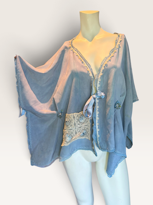 Adina, 30s, hand dyed pale blue silk and lace jacket