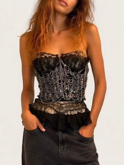Aurora, repurposed 1940s lace corset with 20s beading and French chantilly lace