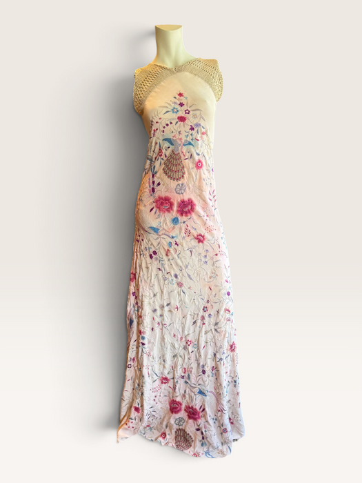 Daria, reworked bias cut cream piano shawl embroidered fringed dress