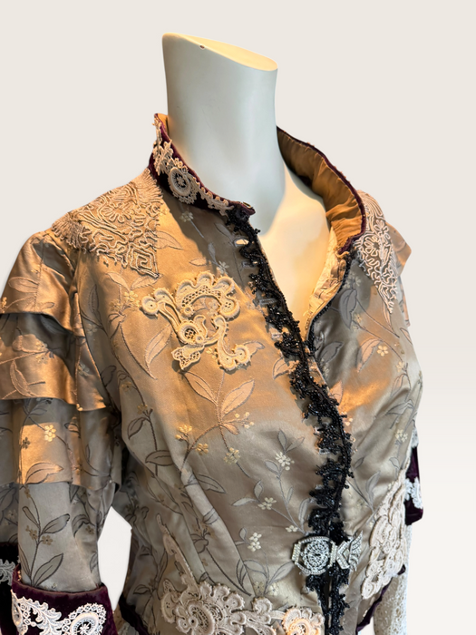 Carlotta, reworked Victorian silk damask and lace boned beaded jacket