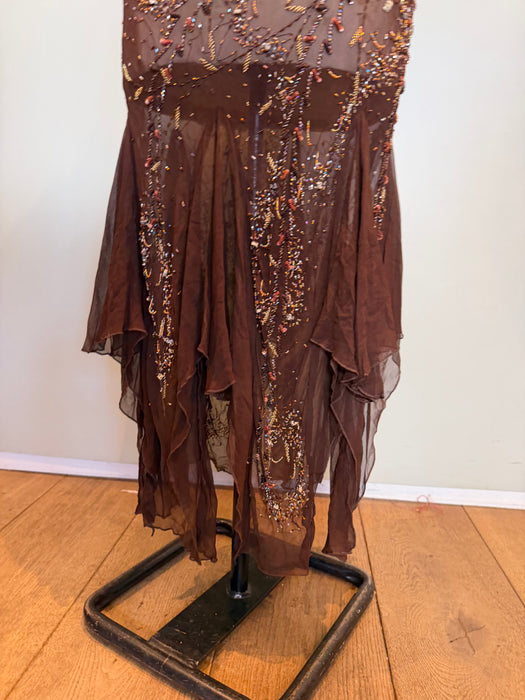 Tory, 90s beaded brown bias cut chiffon handkerchief dress