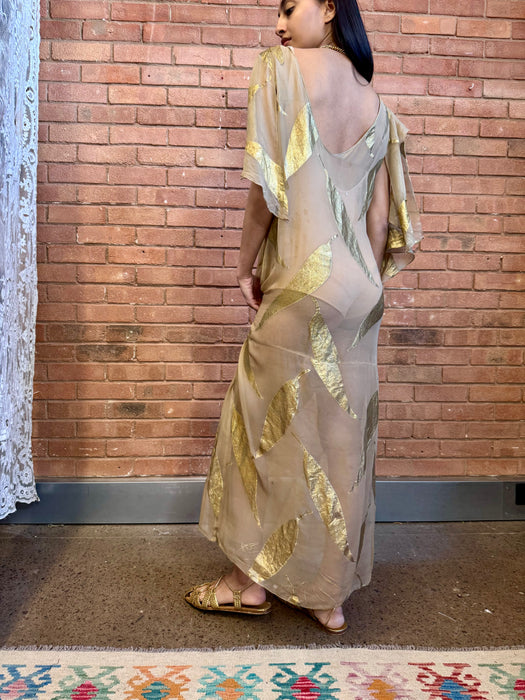 Molly, 20s silk chiffon dress with gold leaf print