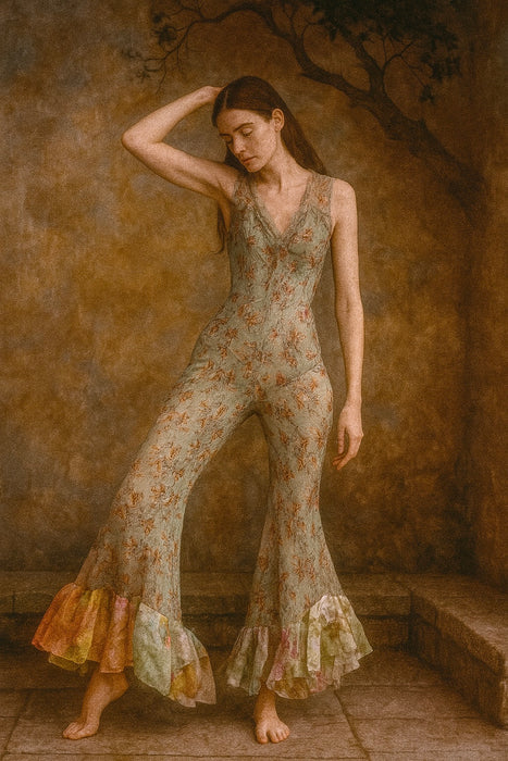 Heidi, reworked 40s floral chiffon jumpsuit with frills