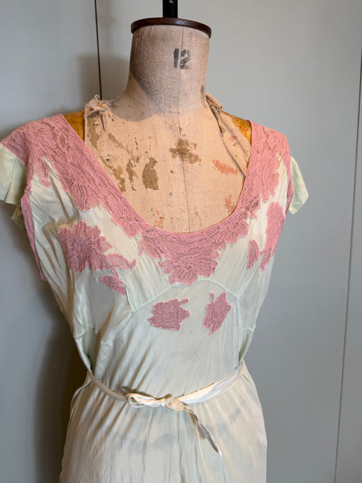 Apoline, 30s bias cut mint green and pink lace silk slip dress