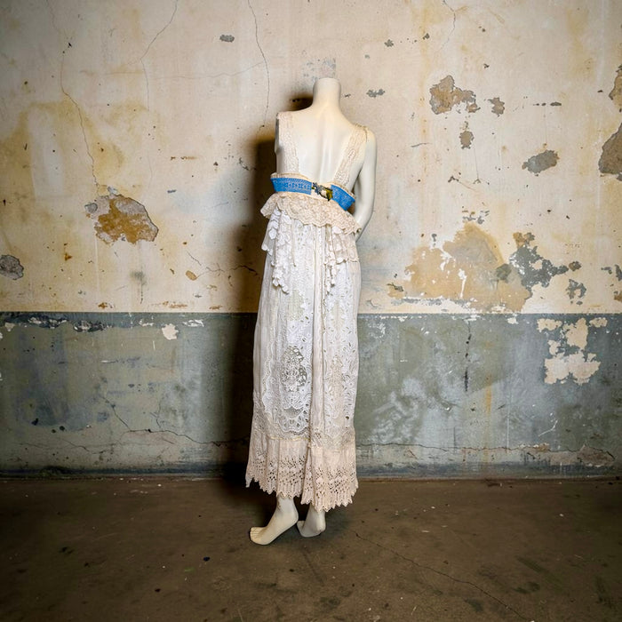Roya, reworked Victorian lace dress with ribbon florals turquoise beading
