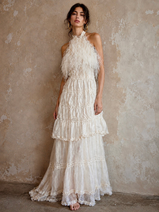 Bodie, vintage white ostrich feather and Victorian silk ruffle skirt