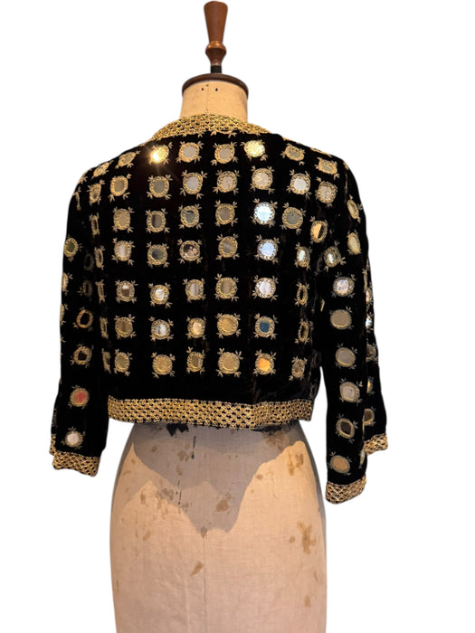 Lola, 70s bohemian black velvet mirrored jacket with gold thread
