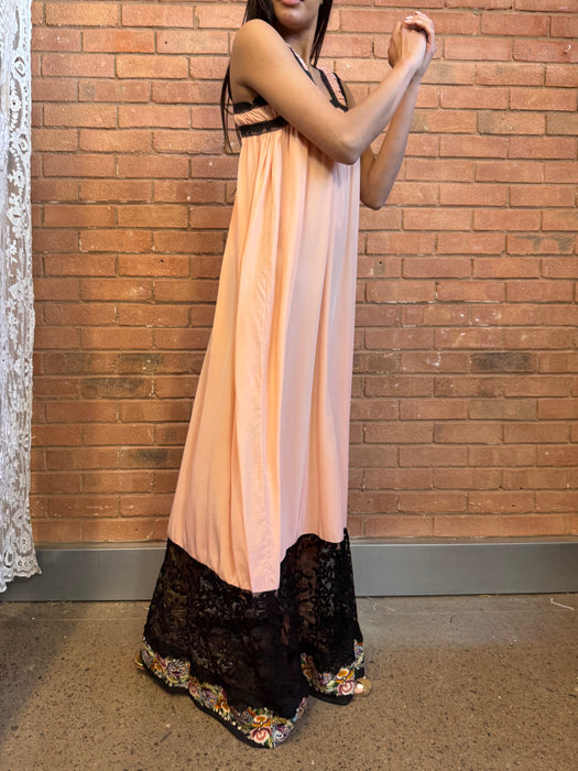 Shirah, 20s peach silk and black lace dress