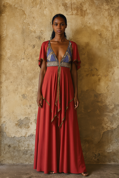 Maude, 70s jersey embroidered tiered dress