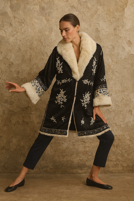Omnia, 30s silk embroidered reversible fur coat