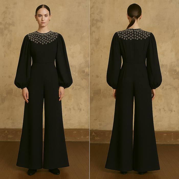 Beluga, reworked 30s black crepe and rhinestone jumpsuit with balloon sleeves