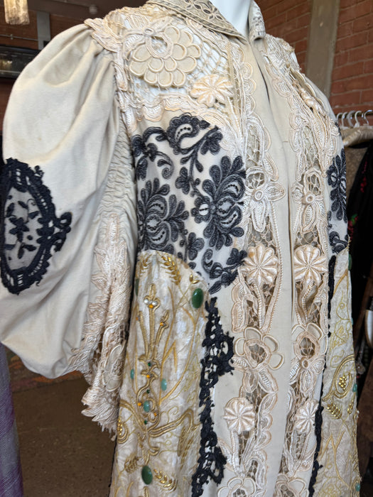 Veronica, reworked Edwardian cream and lace wool coat with gold thread beading