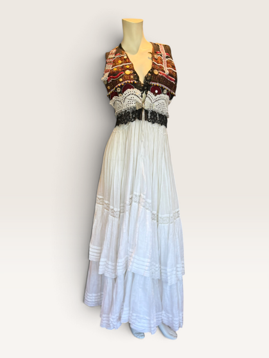 Natalia, reworked Victorian tiered skirt and Afghan beaded dress