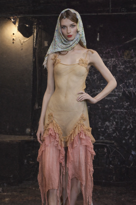 Laine, bias cut silk chiffon and pink dyed handkerchief dress with rosettes