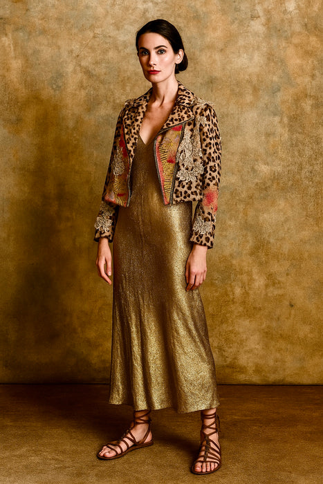 Fulcrum, leopard print long sleeve biker jacket with origin lace and embroidery