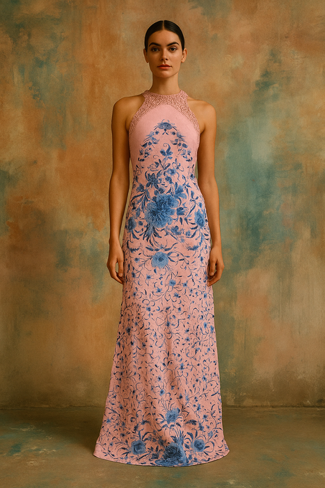 Lali, reworked 40s pink and blue fringed piano shawl embroidered dress
