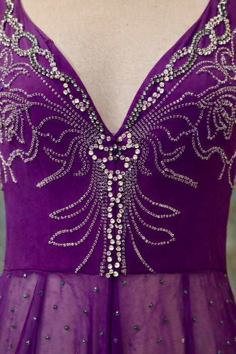 Dusty, 30s purple chiffon dress with green rhinestone and beaded front