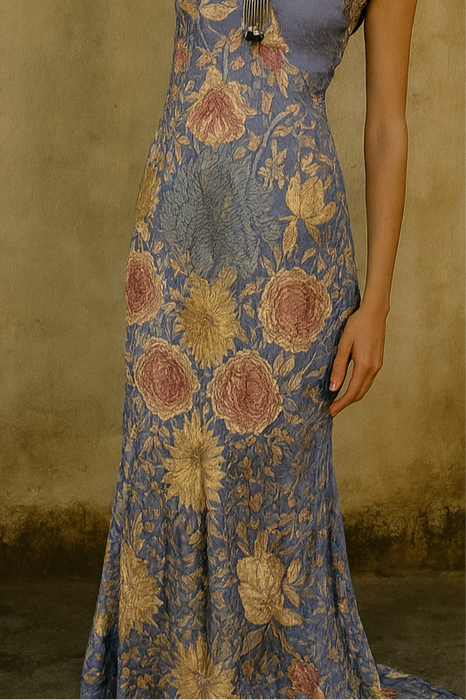 Mina, reworked floral embroidered long piano shawl gown
