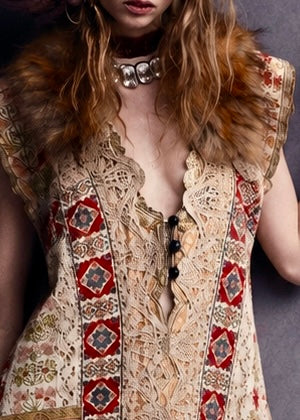 Chiara, 19th C Greek hand woven embroidered waistcoat with a faux fur collar and beaded side pocket