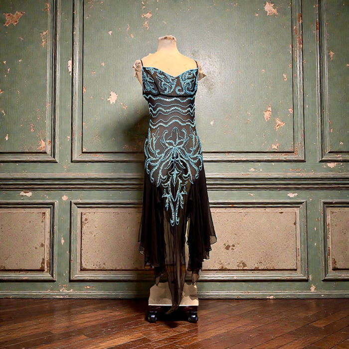 Fabia, 90s silk chiffon turquoise beaded dress