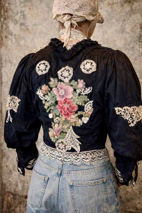 Kiki, Victorian black silk jacket with mutton sleeves, embellished with beaded lace