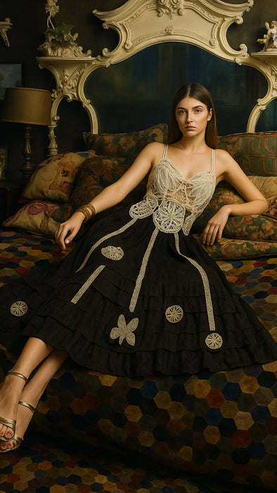 Alina, reworked Victorian tape work and silk lace dress