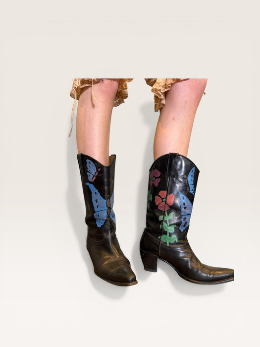 Dallas, 70s black leather hand painted cowboy boots