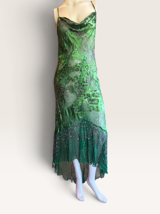 Lola, 90s beaded bias cut asymmetrical animal print dress