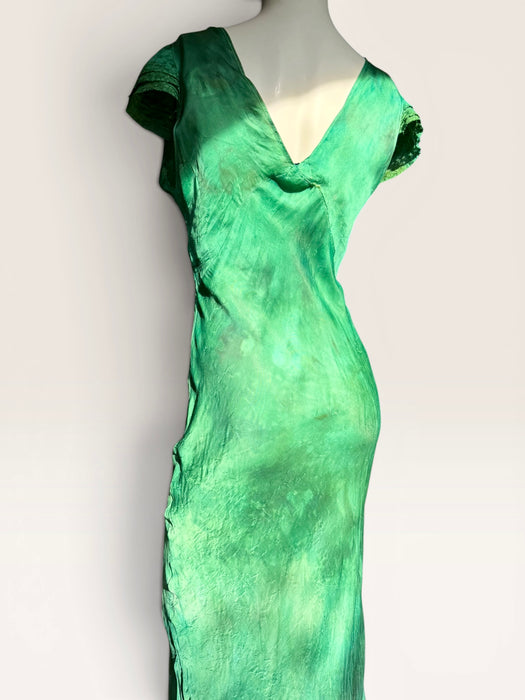 Bora, 1930s emerald green hand dyed silk bias cut dress with lace inserts and Victorian ribbon work florals