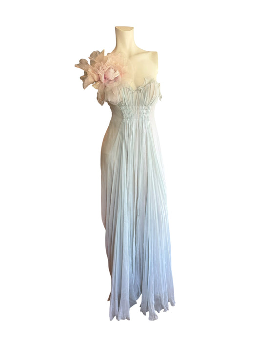 J Mendel, duck egg blue, chiffon draped corseted dress