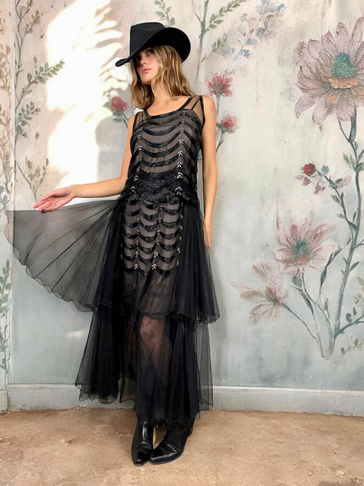 Jasmine, 30s black net and beaded dress