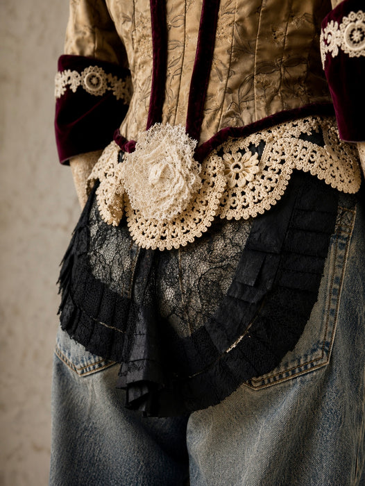 Carlotta, reworked Victorian silk damask and lace boned beaded jacket